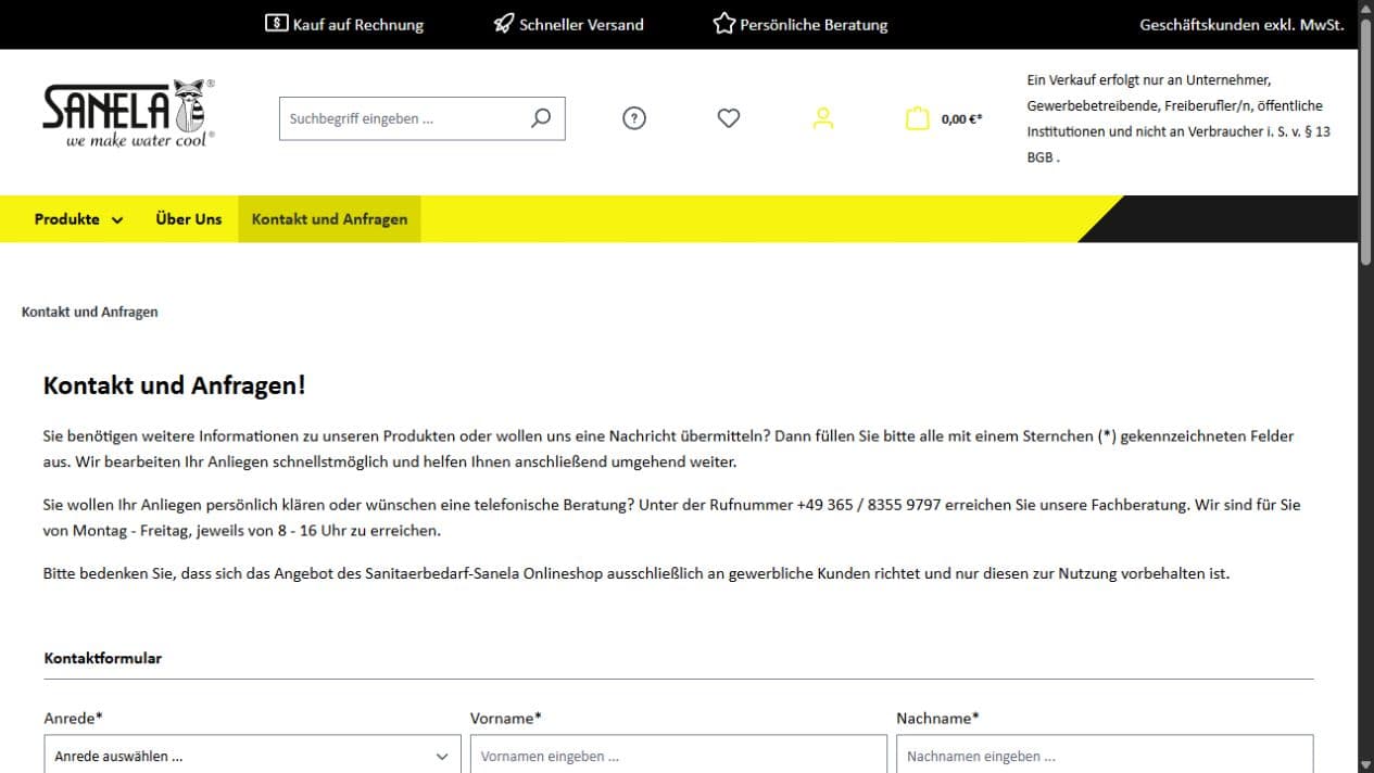 Kontaktseite des Sanela-Shops mit Fachberatung, Telefonnummer und Anfrageformular für Geschäftskunden