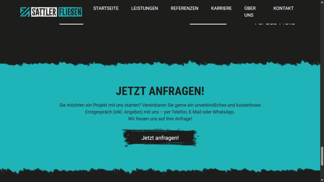 Anfragebereich von Sattler Fliesen für ein kostenloses Erstgespräch per Telefon, E-Mail oder WhatsApp