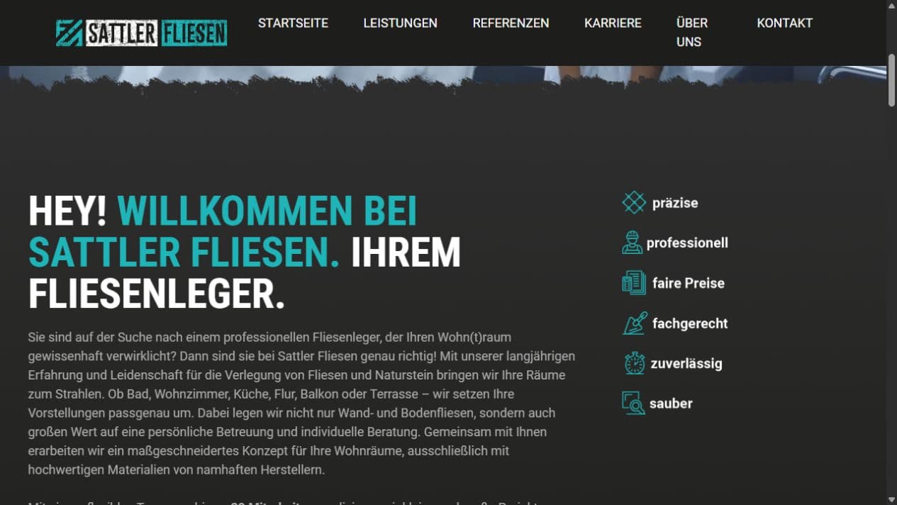 Unternehmensvorstellung von Sattler Fliesen mit Beratung, Materialien und einem Team von bis zu 20 Mitarbeitenden