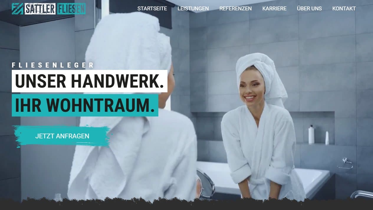 Startseite von Sattler Fliesen mit dem Leitsatz Unser Handwerk, Ihr Wohntraum und direkter Anfrage