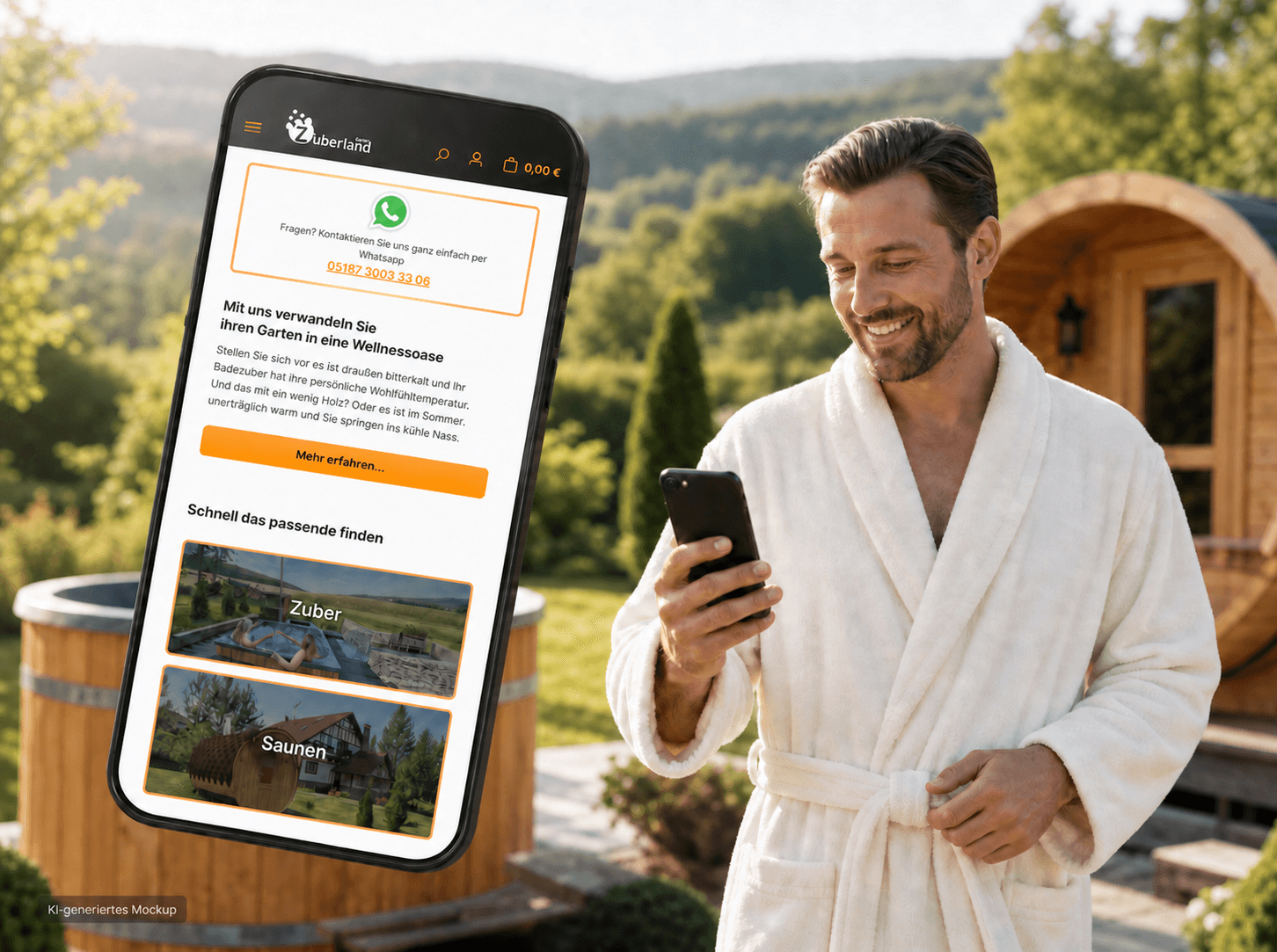 KI-generiertes Website-Mockup des Zuberland-Shopware-6-Shops auf einem Smartphone vor Badezuber und Fasssauna