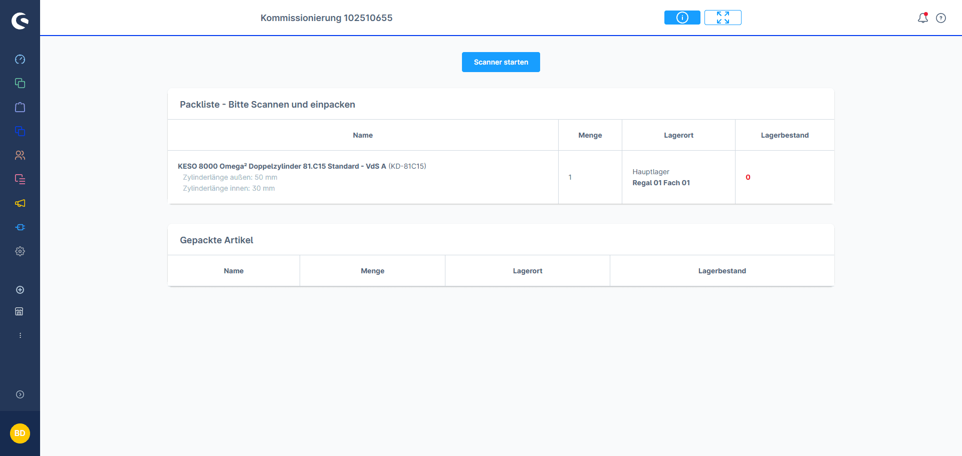 Platzhalter für einen Backend-Screenshot der scanbasierten Kommissionierung