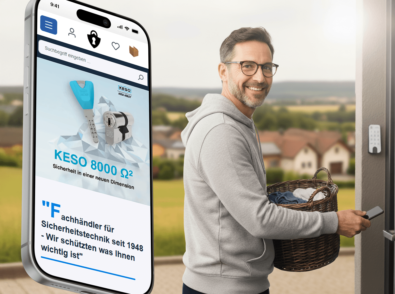 KI-generiertes Website-Mockup des tecsec48-Shopware-6-Shops für Sicherheitstechnik auf einem Smartphone