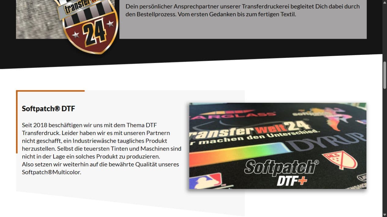 Produktbereich Softpatch DTF mit transparenter Einordnung der industriellen Waschbeständigkeit
