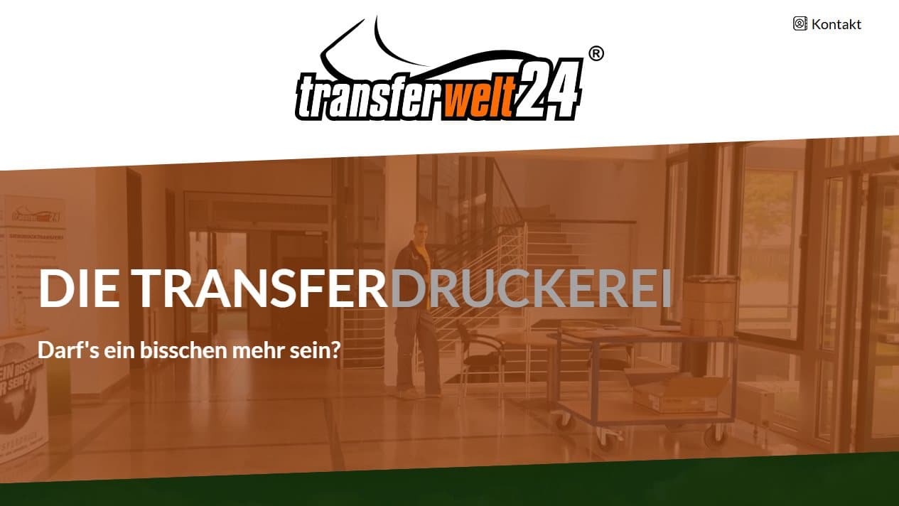 Startseite der Transferdruckerei Transferwelt24 mit orangefarbener Markenbühne