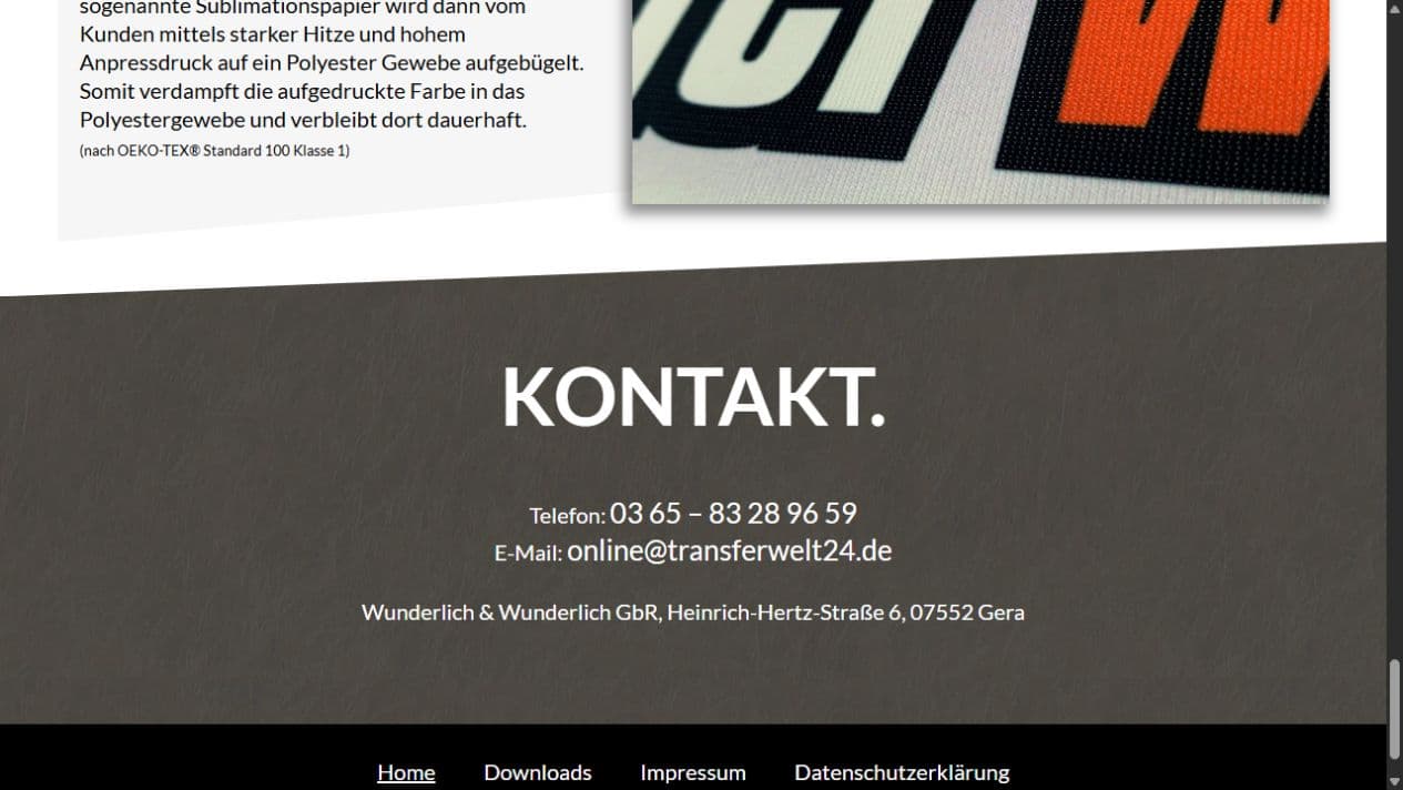 Kontaktbereich von Transferwelt24 mit Telefon, E-Mail und Standort der Transferdruckerei in Gera