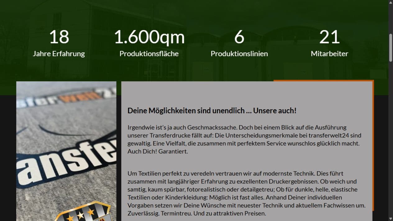 Website-Bereich von Transferwelt24 zu Technik, Qualität und persönlicher Begleitung im Bestellprozess
