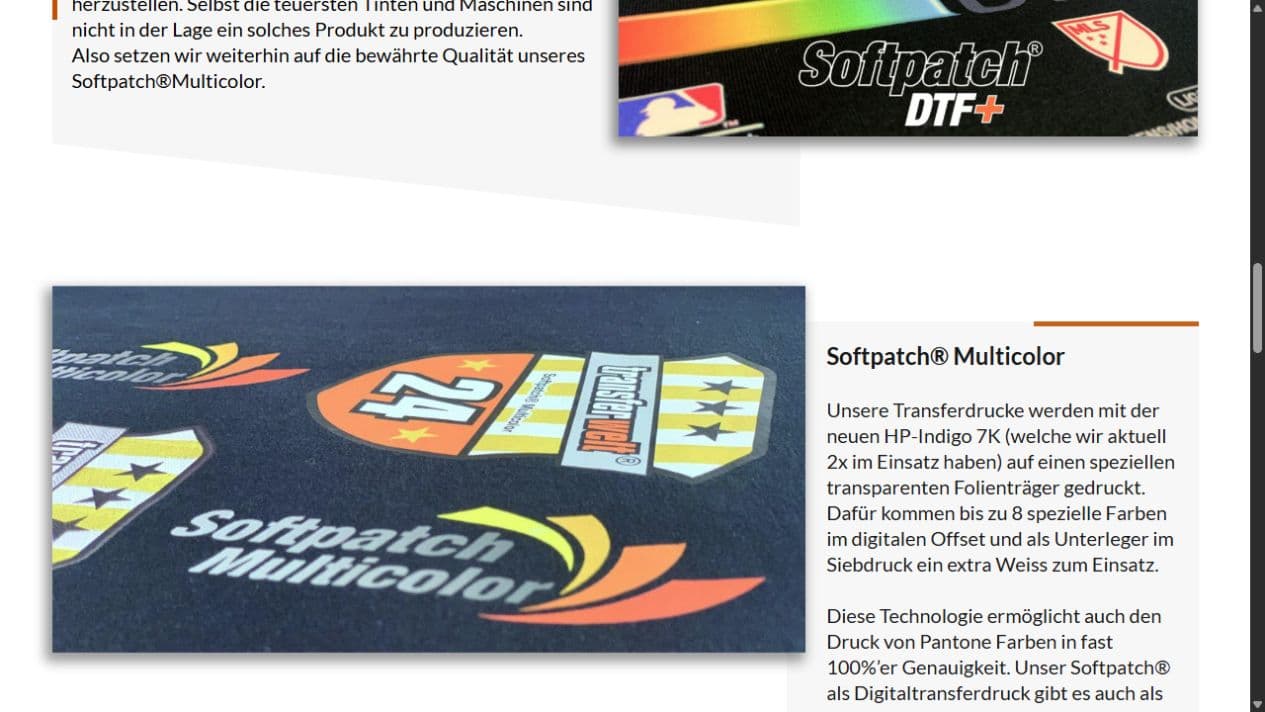 Produktbereich Softpatch Multicolor mit HP-Indigo-Druck, Pantone-Farben und OEKO-TEX-Zertifizierung