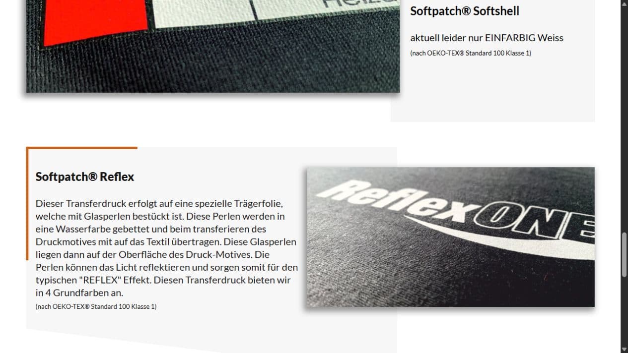 Produktbereich Softpatch Reflex mit Beschreibung der lichtreflektierenden Glasperlen-Technologie