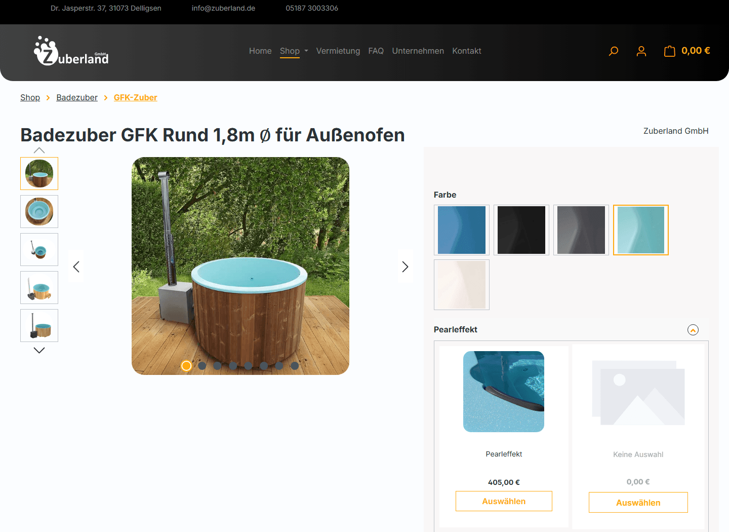 Produktseite mit Badezuber-Konfigurator, Farben und Ausstattungsoptionen