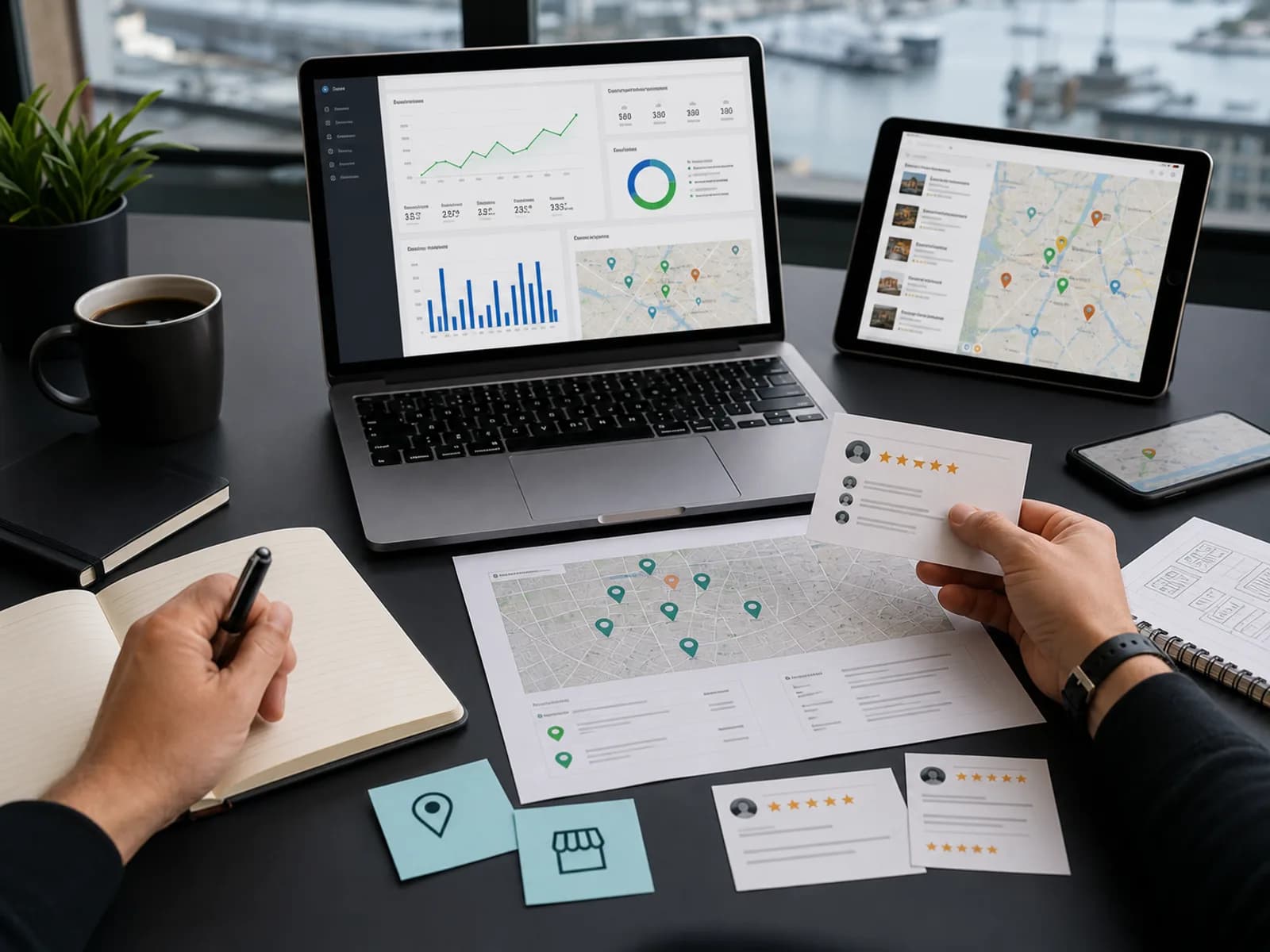 Local SEO Map Pack und Bewertungen Local SEO Analyse mit Karten, Bewertungen und Google Business Profile Dashboard