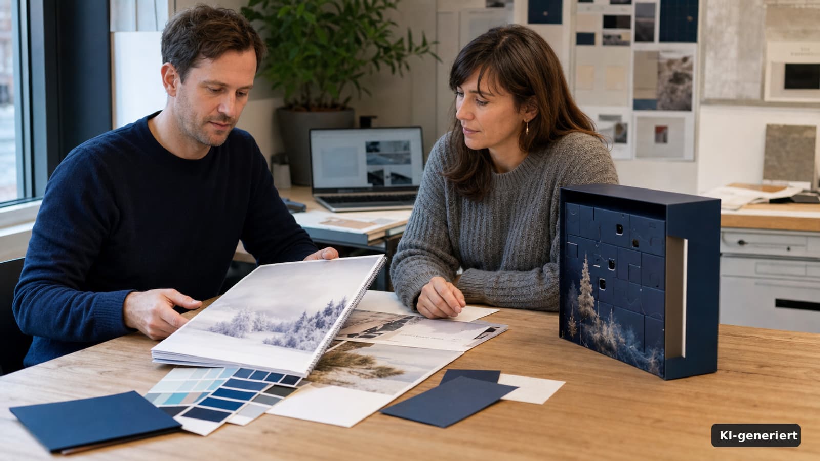 Illustrative Beratungssituation mit Kalenderentwürfen und Papiermustern in einem Designstudio.