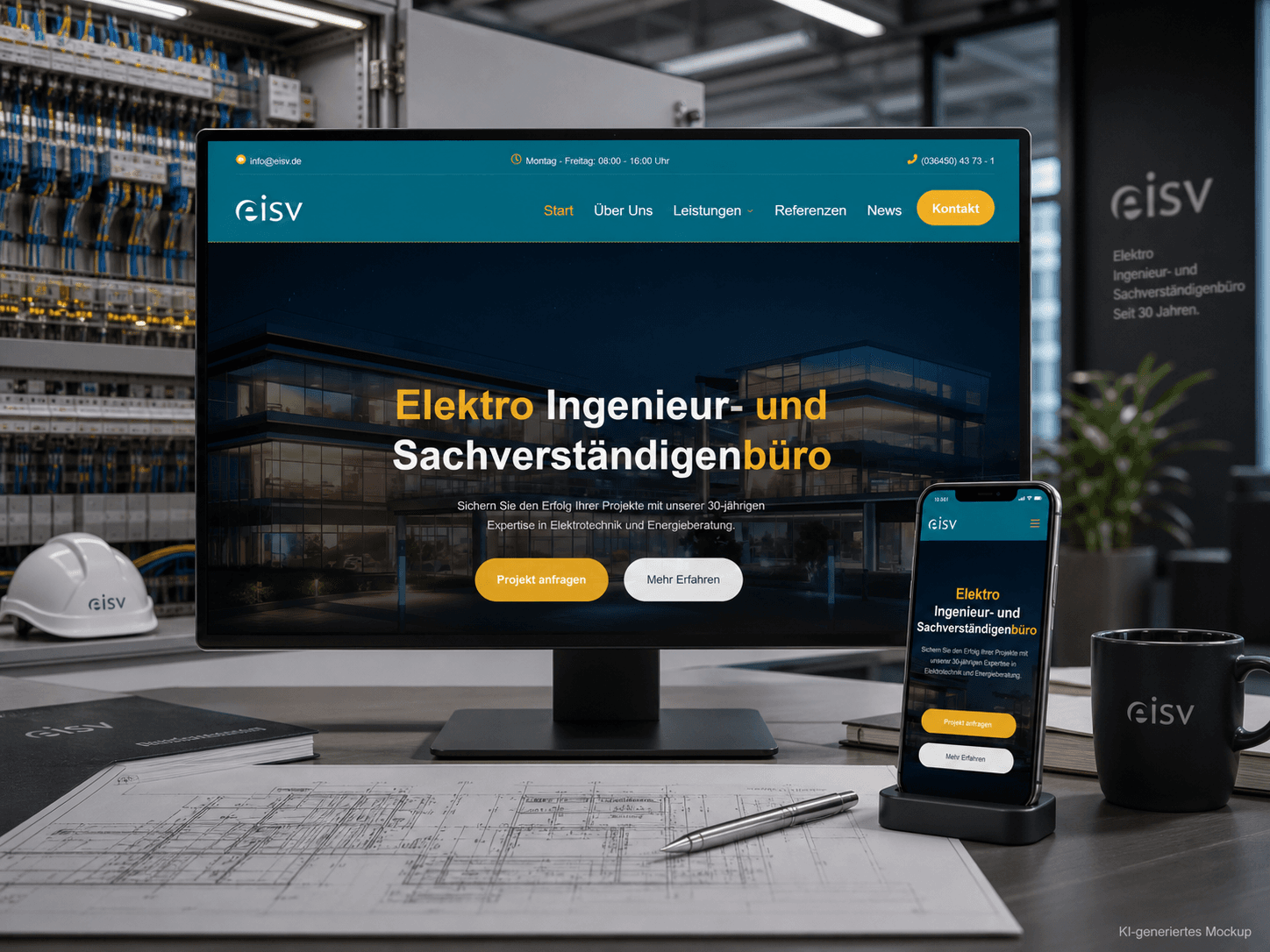 EISV – KI-generiertes Website-Mockup KI-generiertes Mockup der EISV-Website auf Monitor und Smartphone in einem Elektroingenieur-Arbeitsplatz