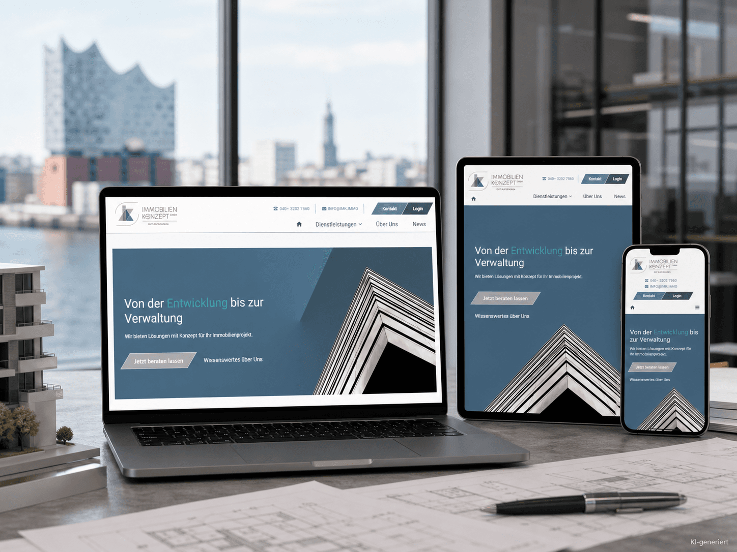IMK Immobilien – KI-generiertes Website-Mockup KI-generiertes Mockup der IMK-Immobilien-Website auf Laptop, Tablet und Smartphone in einem Hamburger Architekturbüro