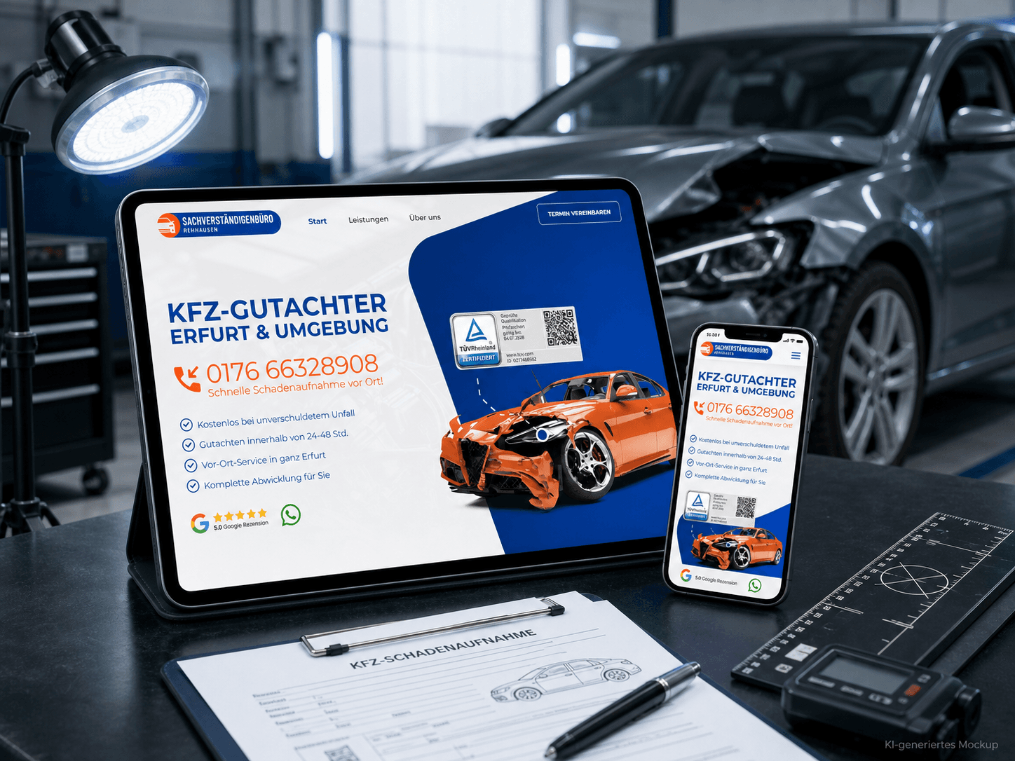 Kfz-Gutachter Erfurt – KI-generiertes Website-Mockup KI-generiertes Mockup der Kfz-Gutachter-Erfurt-Website auf Tablet und Smartphone in einer Fahrzeug-Prüfhalle