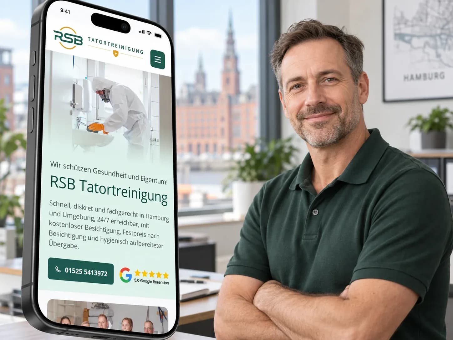 KI-generiertes Smartphone-Mockup der RSB-Website mit einer fiktiven Person und Hamburg im Hintergrund KI-generiertes Smartphone-Mockup der RSB-Website mit einer fiktiven Person und Hamburg im Hintergrund