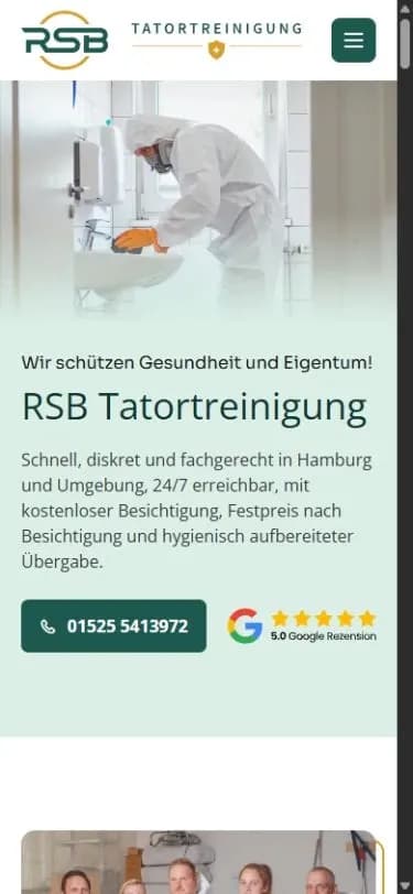 Echter Smartphone-Screenshot der RSB-Startseite mit gut erreichbarem Telefonkontakt