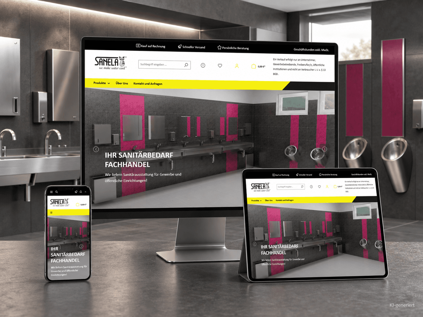 Sanitärbedarf Sanela – KI-generiertes Shop-Mockup KI-generiertes Mockup des Sanela-Shopware-Shops auf Monitor, Tablet und Smartphone in einem gewerblichen Sanitärraum