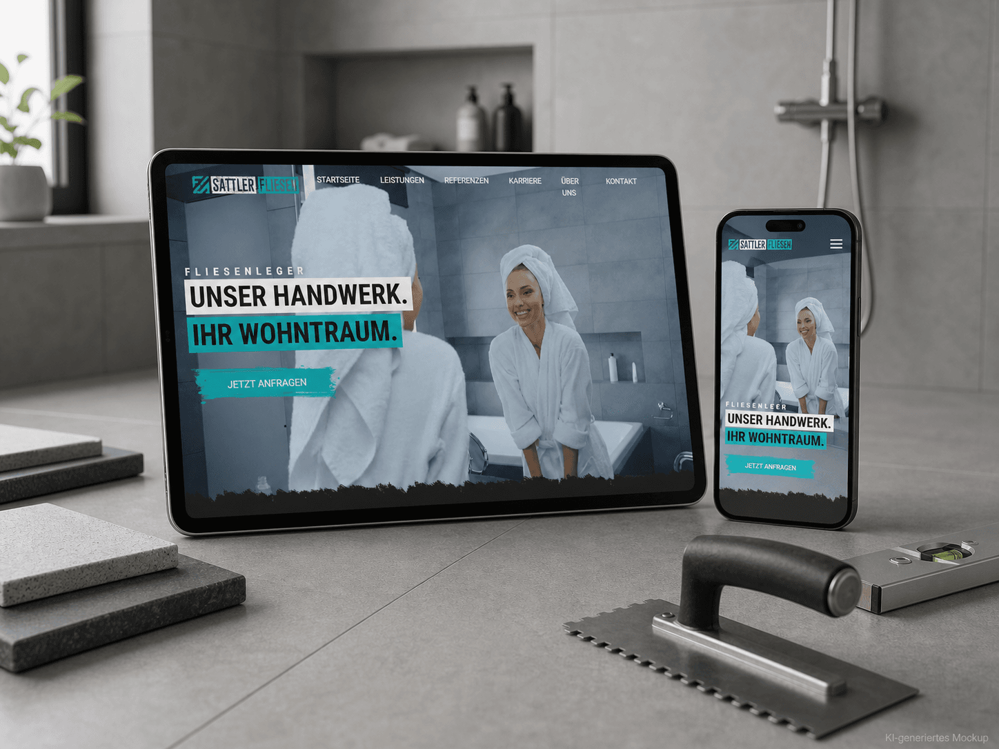 Sattler Fliesen – KI-generiertes Website-Mockup KI-generiertes Mockup der Sattler-Fliesen-Website auf Tablet und Smartphone in einem modernen gefliesten Badezimmer