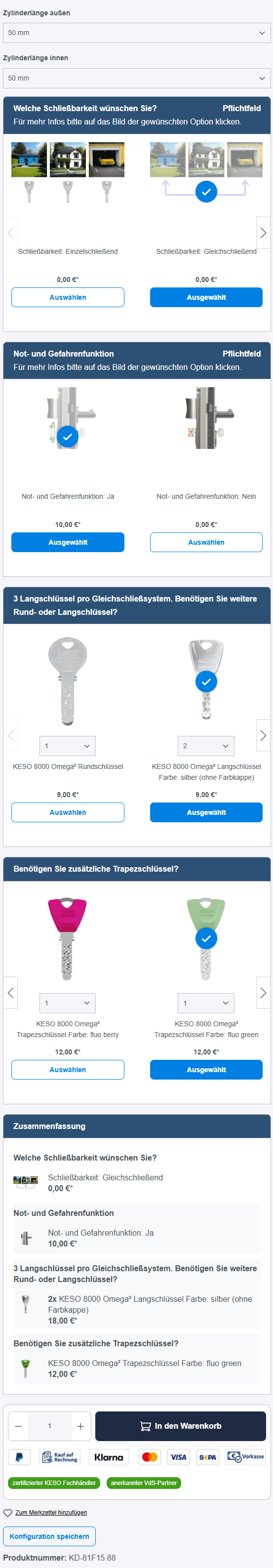 Produktdetailseite mit Konfiguration eines KESO 8000 Schließzylinders