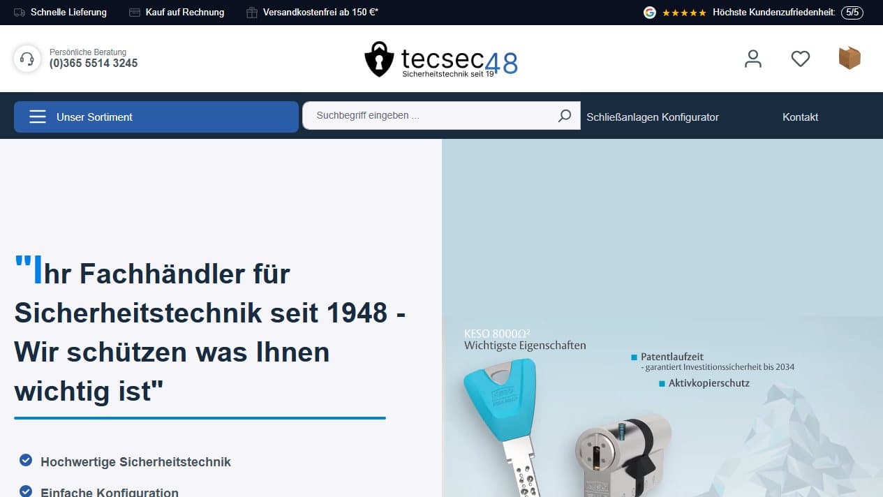 Startseite des Tecsec48 Onlineshops mit KESO 8000 Hero-Bereich