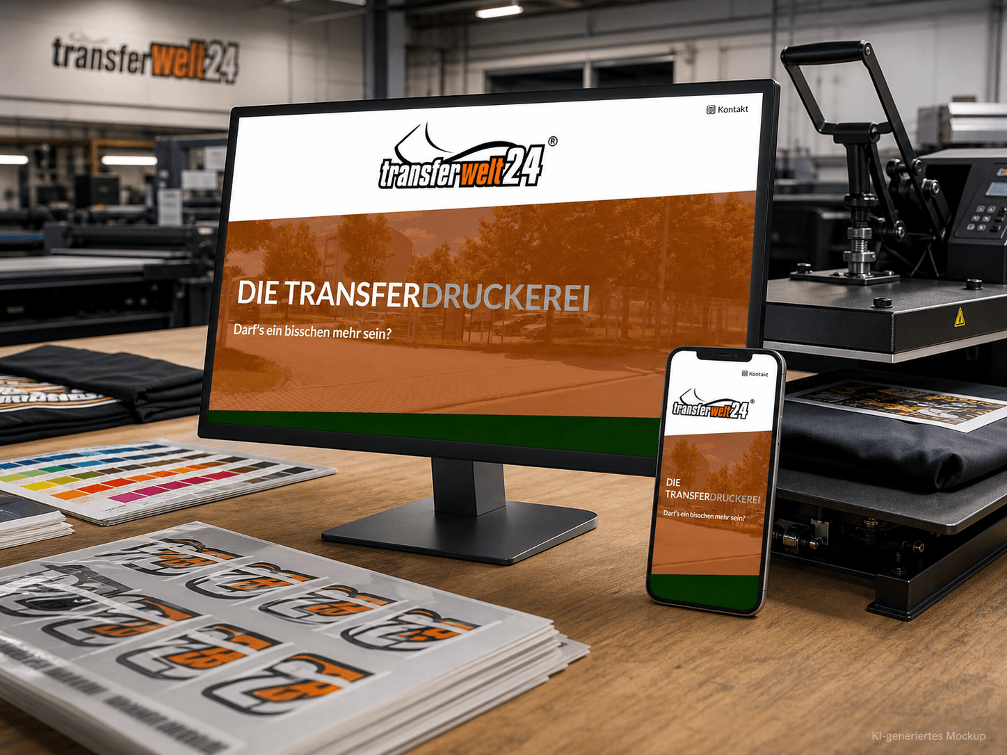 Transferwelt24 – KI-generiertes Website-Mockup KI-generiertes Mockup der Transferwelt24-Website auf Monitor und Smartphone in einer Transferdruckproduktion