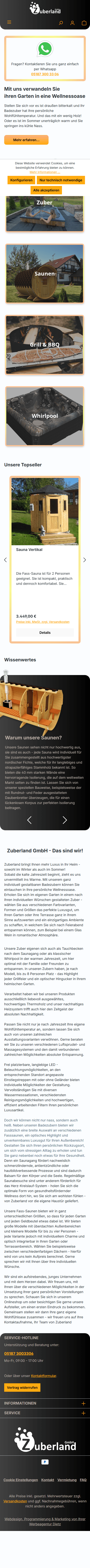 Mobile Ansicht des Zuberland Onlineshops