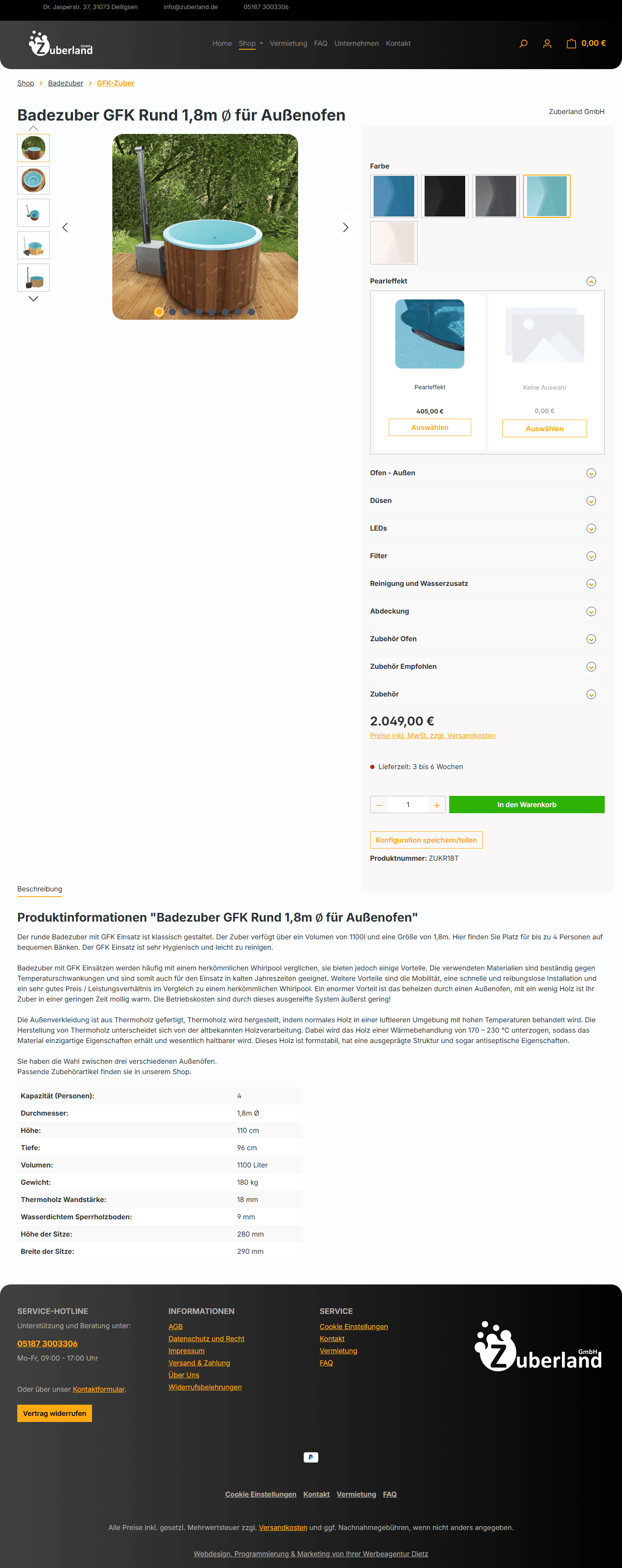 Vollständige Produktseite eines konfigurierbaren Badezubers bei Zuberland