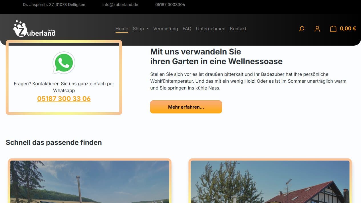Vollständige Startseite des Zuberland Onlineshops